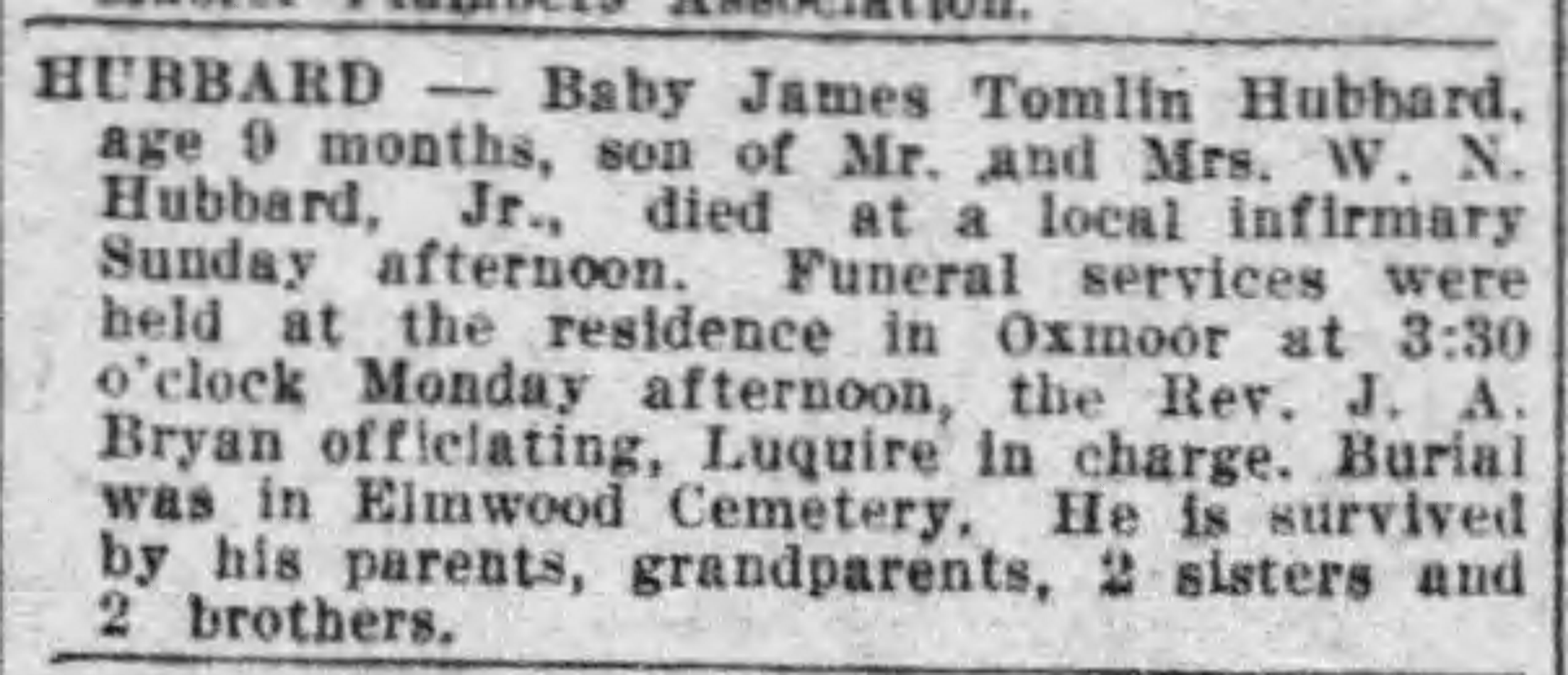 Baby James Tomin Hubbard obituary